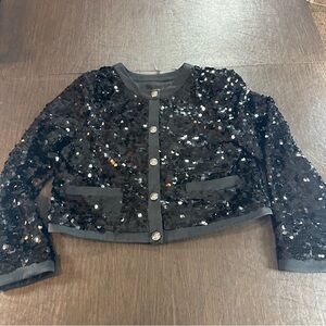 Ann Taylor Cropped Black Sequin Button-Up Jacket Sz 12